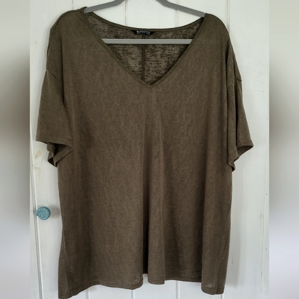 Bloomchic Dark Olive Green Burnout V Neck Tee